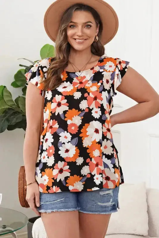 Multicolor Ruffle Sleeve Floral Plus Size Top - Fashionfitz