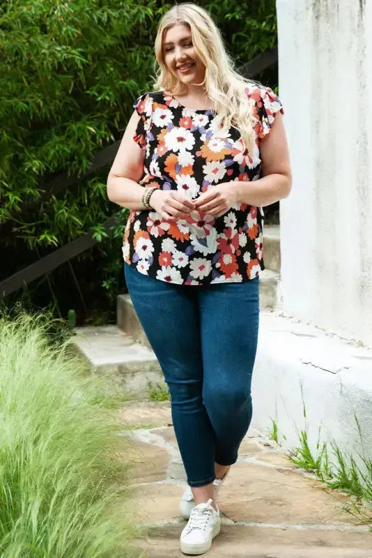 Multicolor Ruffle Sleeve Floral Plus Size Top - Fashionfitz