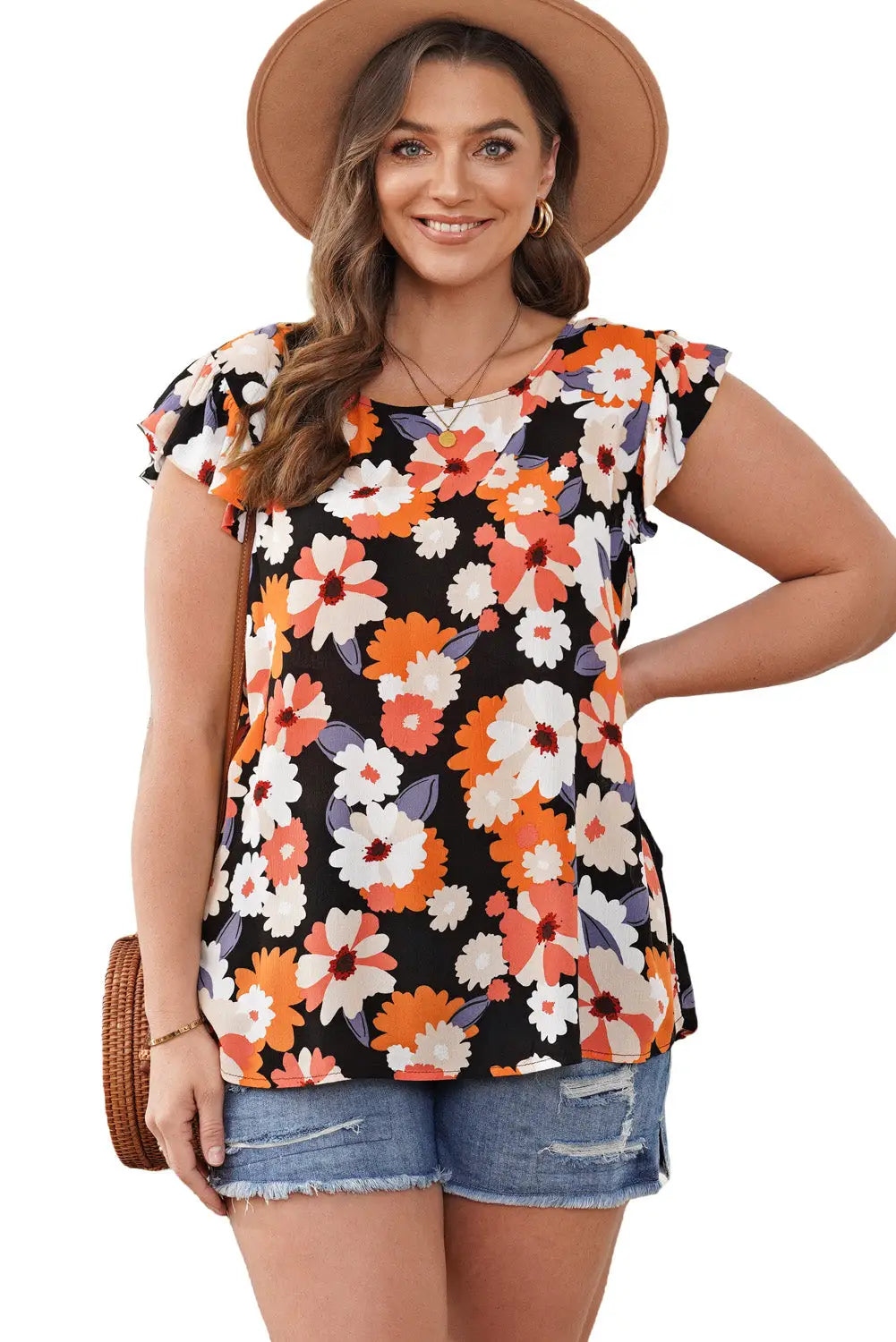 Multicolor ruffle sleeve floral plus size top