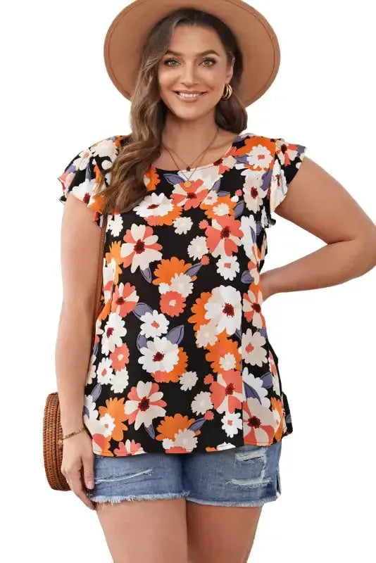 Multicolor Ruffle Sleeve Floral Plus Size Top - Fashionfitz