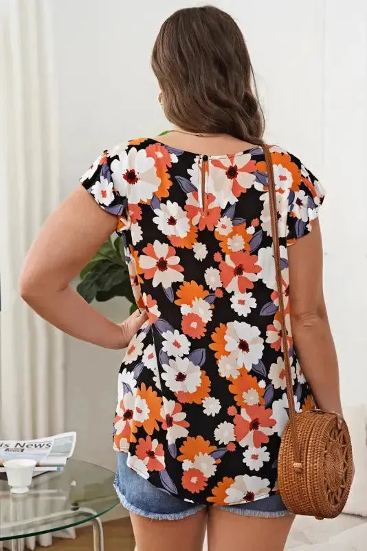 Multicolor Ruffle Sleeve Floral Plus Size Top - Fashionfitz