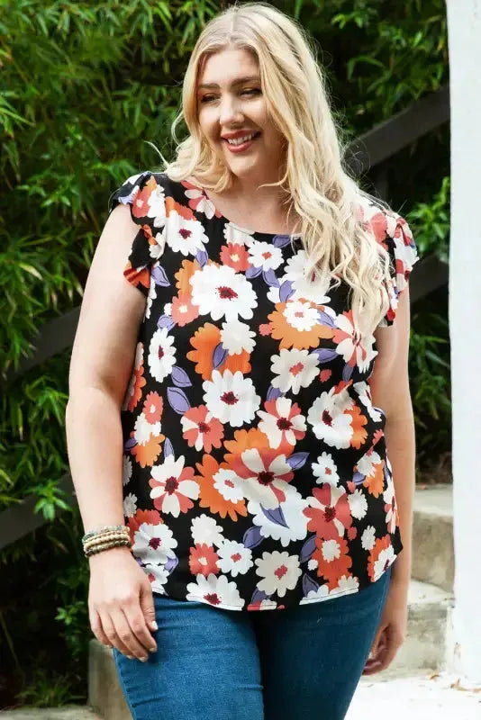 Multicolor Ruffle Sleeve Floral Plus Size Top - Fashionfitz