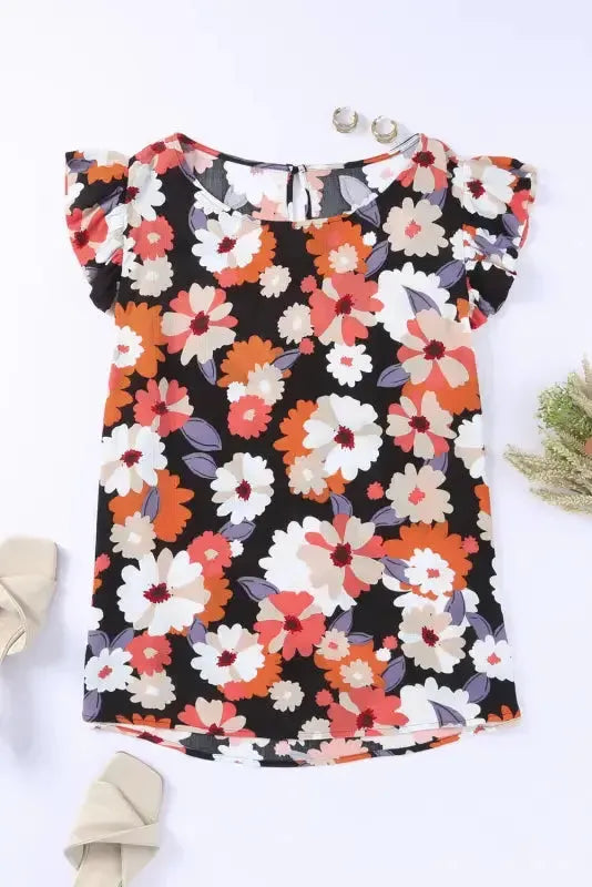Multicolor Ruffle Sleeve Floral Plus Size Top - Fashionfitz