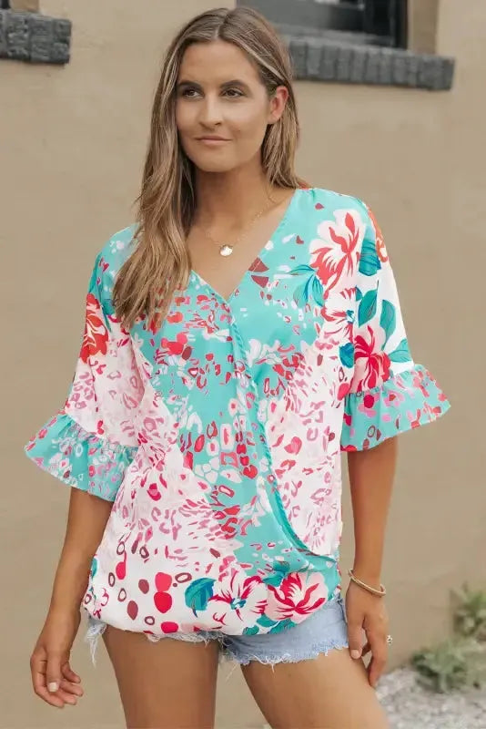 Multicolor Ruffle Sleeve Surplice Blouse - Fashionfitz