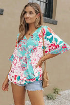 Multicolor Ruffle Sleeve Surplice Blouse - Fashionfitz