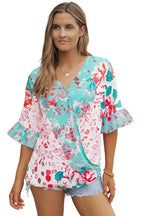 Multicolor Ruffle Sleeve Surplice Blouse - Fashionfitz