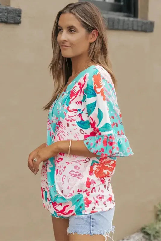 Multicolor Ruffle Sleeve Surplice Blouse - Fashionfitz