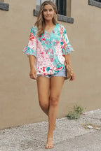 Multicolor Ruffle Sleeve Surplice Blouse - Fashionfitz