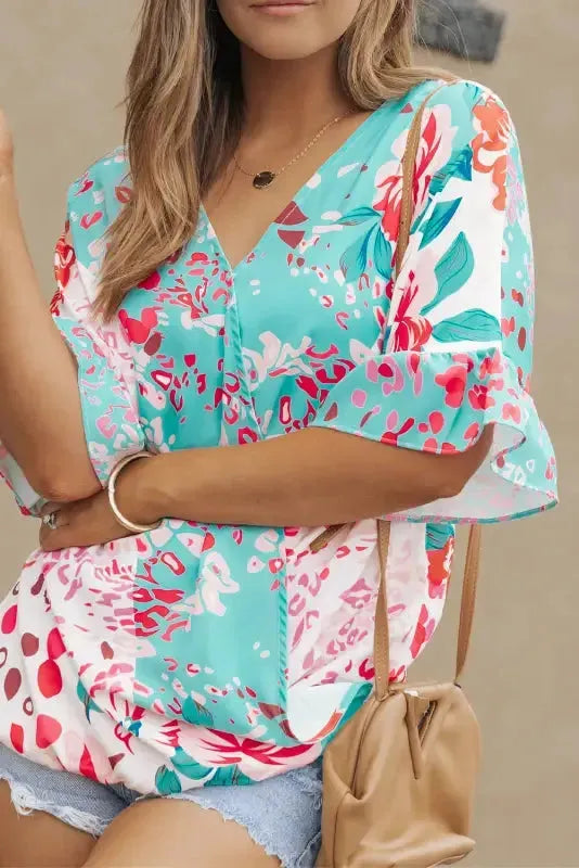 Multicolor Ruffle Sleeve Surplice Blouse - Fashionfitz