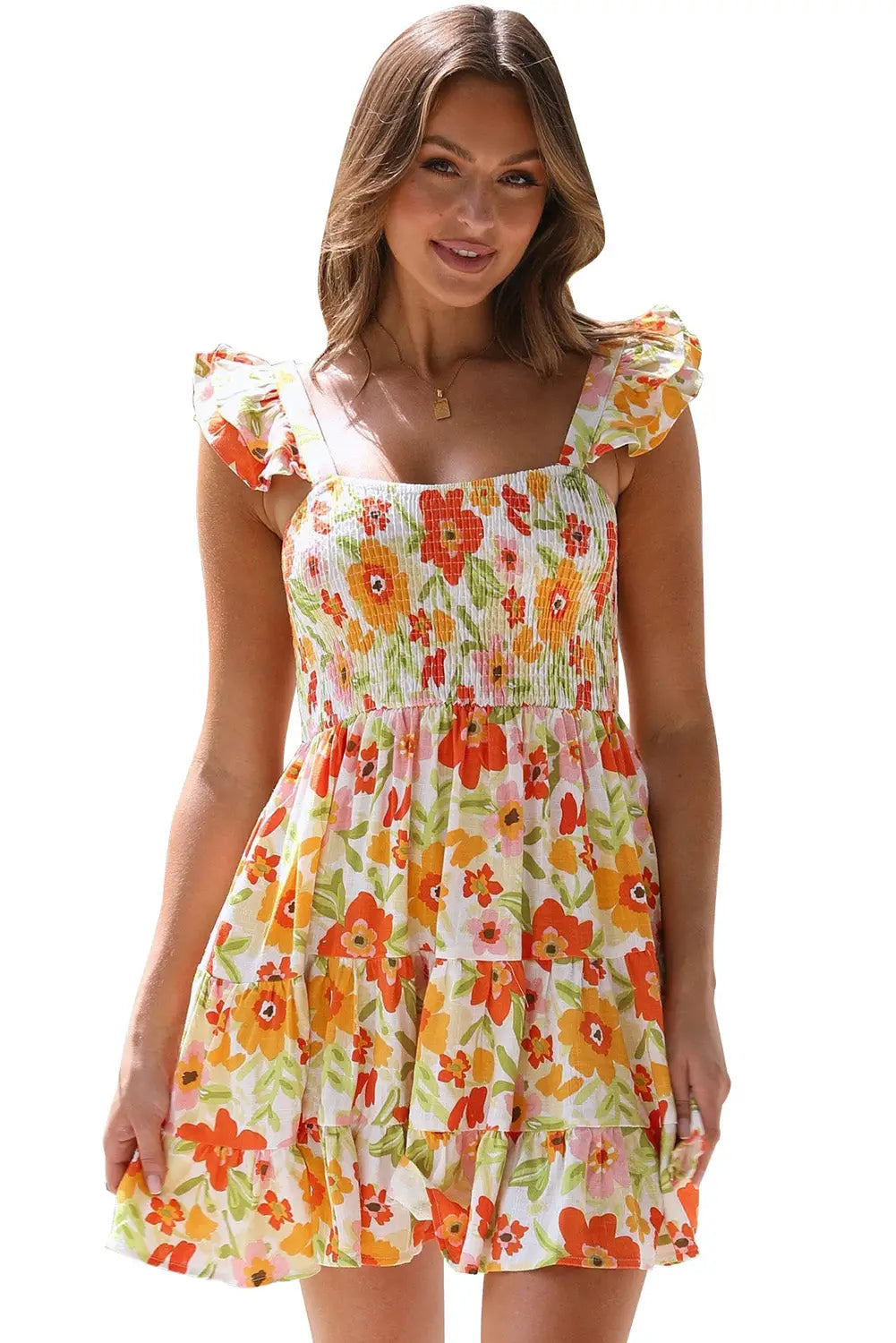 Multicolor ruffled shirred sleeveless high rise floral mini dress - dresses
