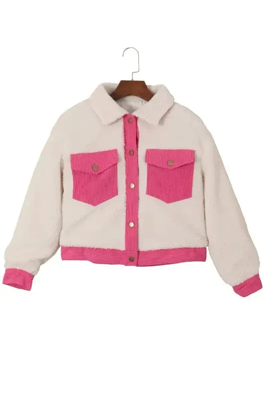 Multicolor Sherpa Corduroy Patchwork Button up Crop Jacket - Fashionfitz
