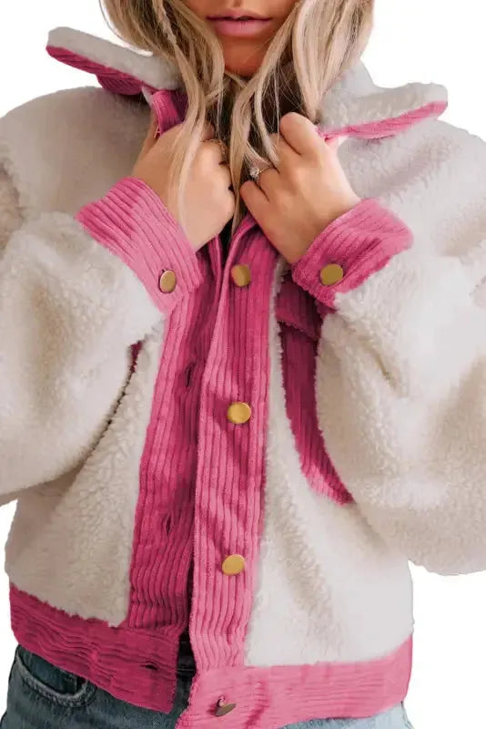 Multicolor Sherpa Corduroy Patchwork Button up Crop Jacket - Fashionfitz