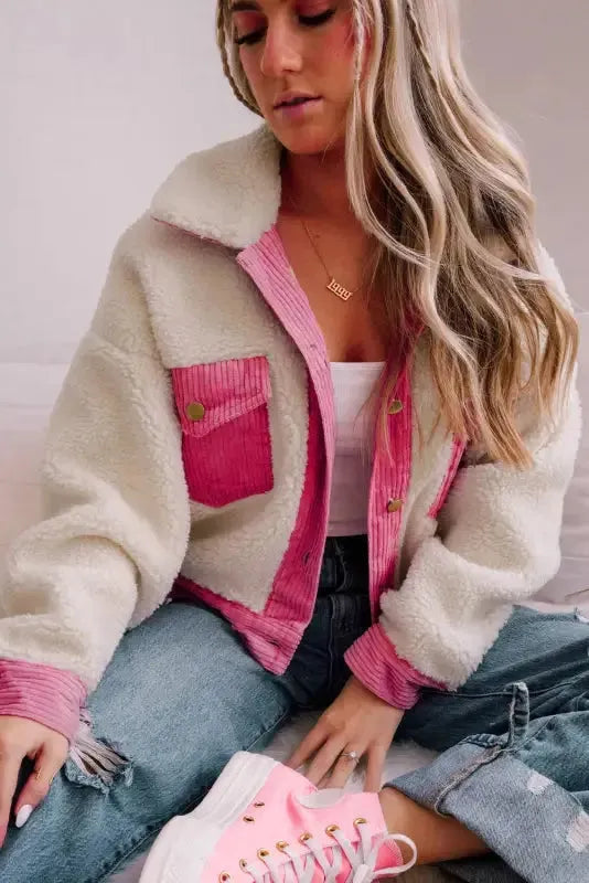 Multicolor Sherpa Corduroy Patchwork Button up Crop Jacket - Fashionfitz