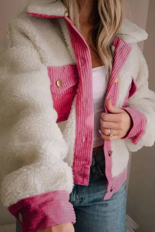 Multicolor Sherpa Corduroy Patchwork Button up Crop Jacket - Fashionfitz