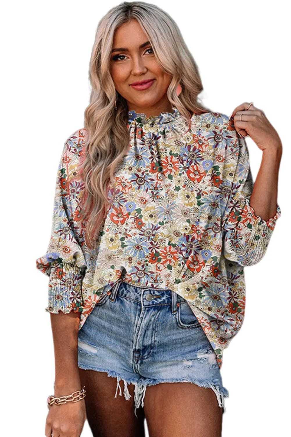 Multicolor shirred cuffs bubble sleeve floral blouse - blouses & shirts