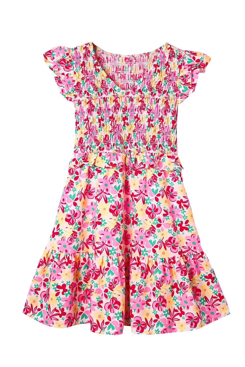 Multicolor smocked bodice ruffle trim floral dress - dresses
