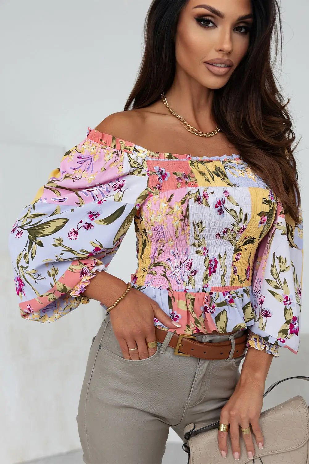 Multicolor smocked floral frilled trim square neck blouse - s / 100% polyester - blouses & shirts