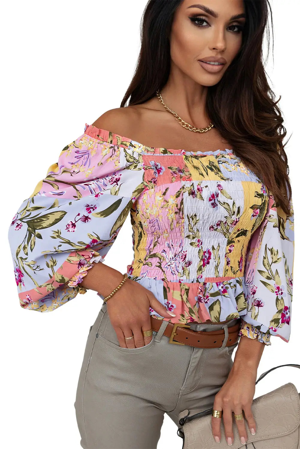 Multicolor smocked floral frilled trim square neck blouse - blouses & shirts