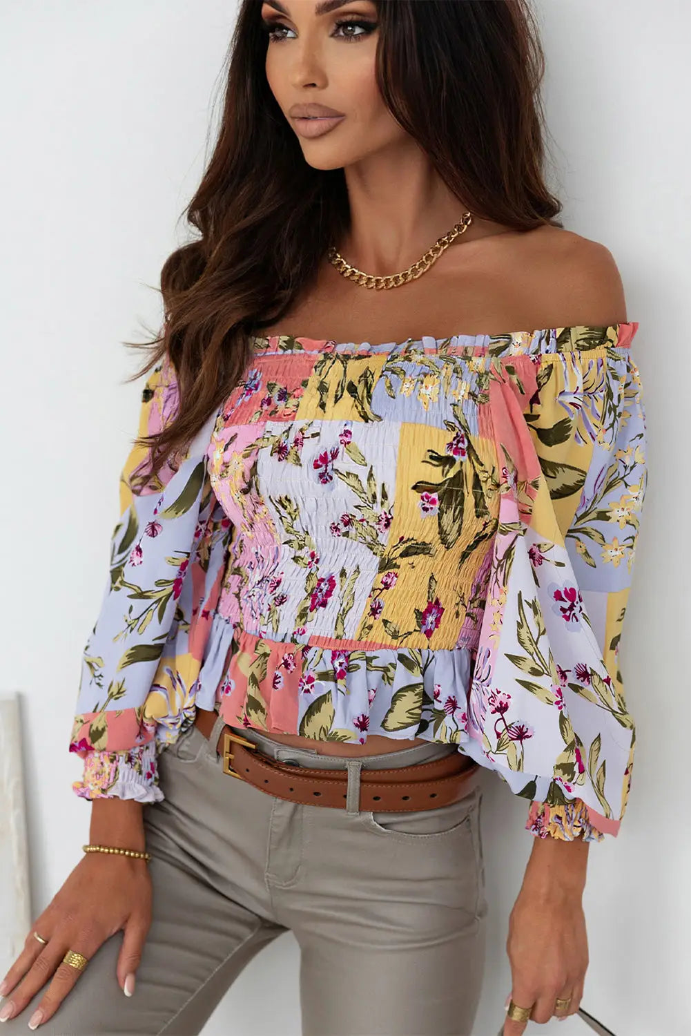 Multicolor smocked floral frilled trim square neck blouse - blouses & shirts