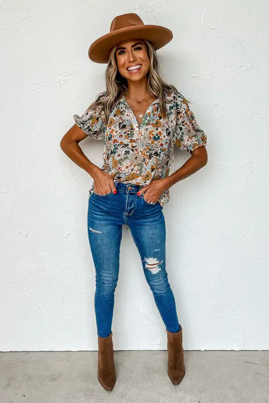 Multicolor split v neck puff sleeve flower print blouse - tops