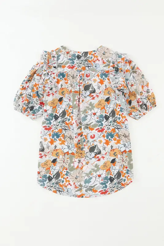 Multicolor split v neck puff sleeve flower print blouse - tops