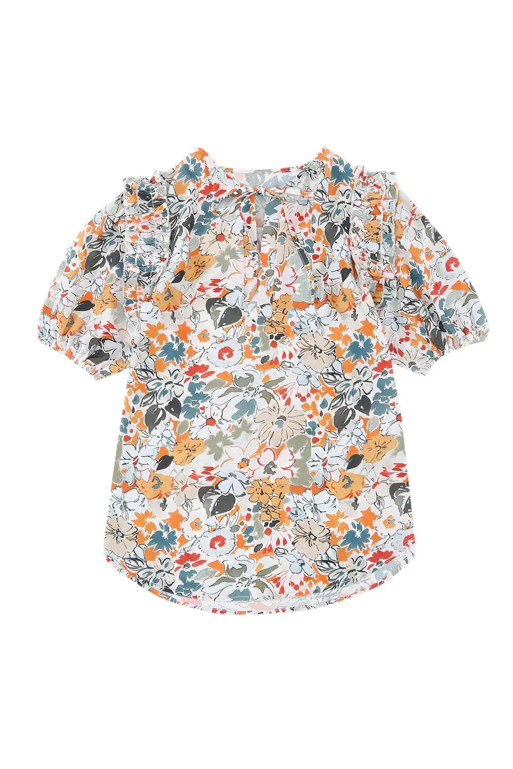 Multicolor split v neck puff sleeve flower print blouse - tops