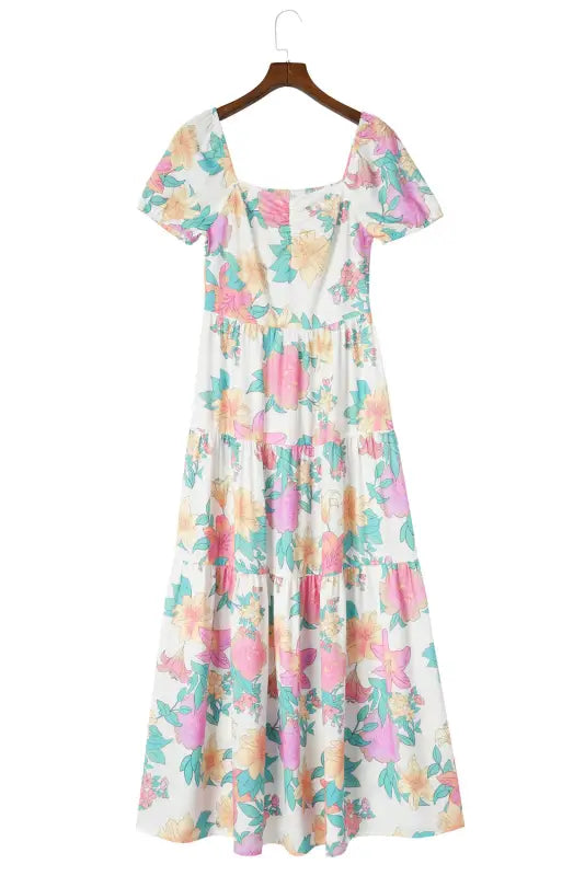 Multicolor square neck puff sleeve tiered floral maxi dress - dresses