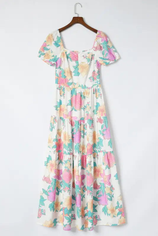 Multicolor square neck puff sleeve tiered floral maxi dress - dresses