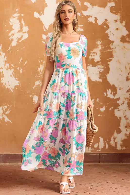 Multicolor square neck puff sleeve tiered floral maxi dress - dresses