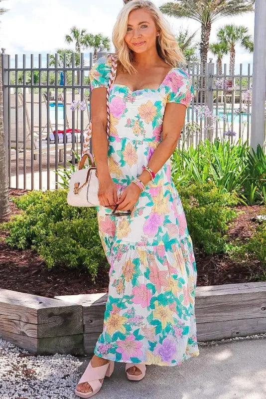 Multicolor square neck puff sleeve tiered floral maxi dress - dresses