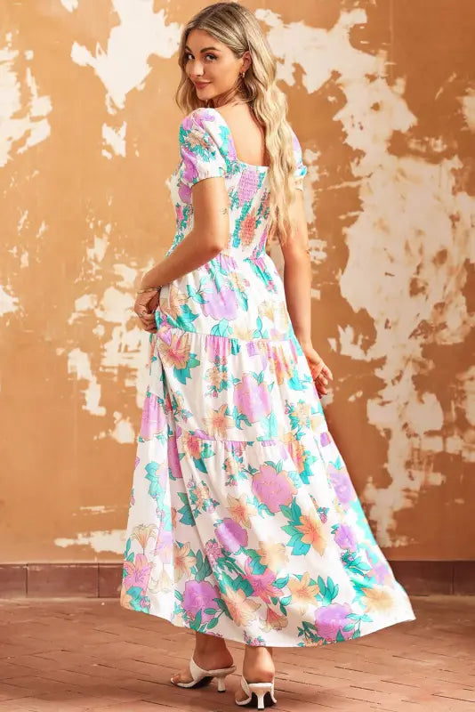 Multicolor square neck puff sleeve tiered floral maxi dress - dresses