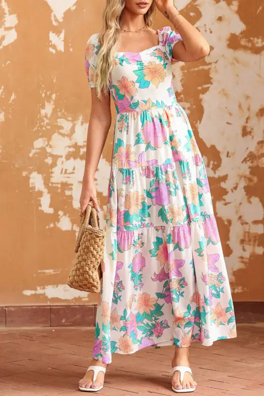 Multicolor square neck puff sleeve tiered floral maxi dress - dresses