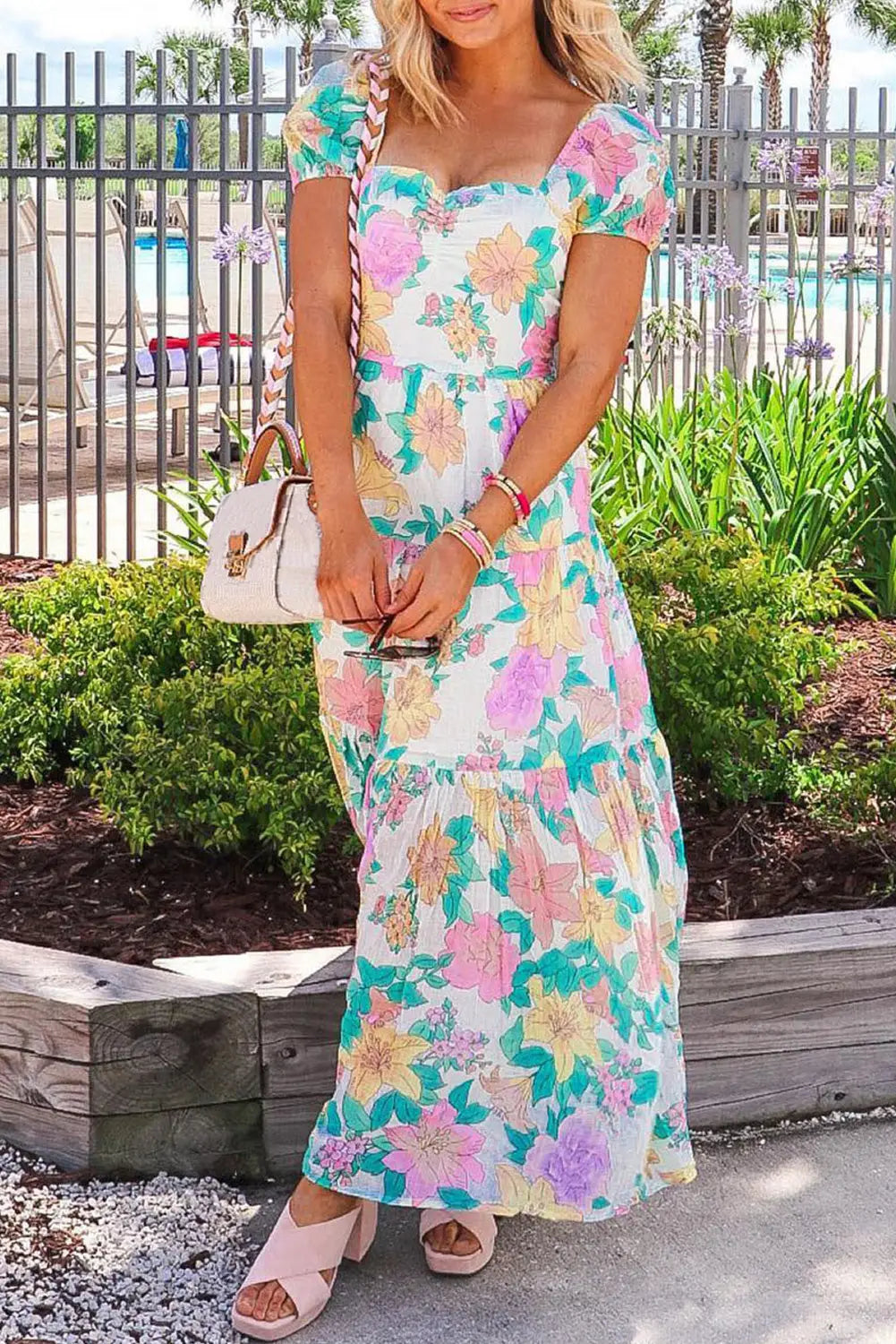 Multicolor square neck puff sleeve tiered floral maxi dress - dresses
