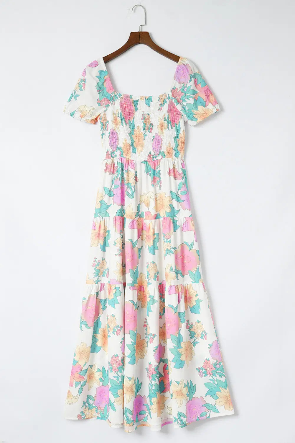Multicolor square neck puff sleeve tiered floral maxi dress - dresses
