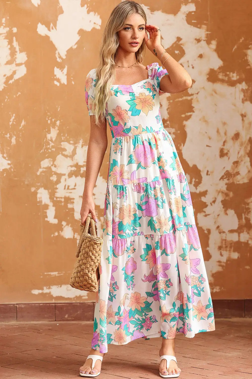 Multicolor square neck puff sleeve tiered floral maxi dress - s / 100% polyester - dresses