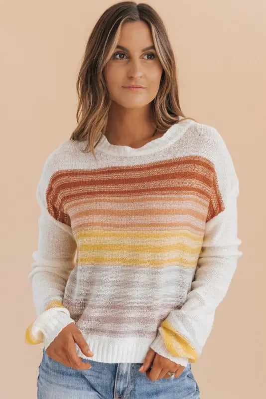 Multicolor stripe long sleeve round neck sweater - sweaters & cardigans