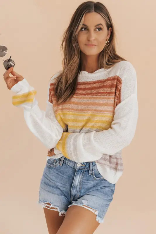 Multicolor stripe long sleeve round neck sweater - sweaters & cardigans