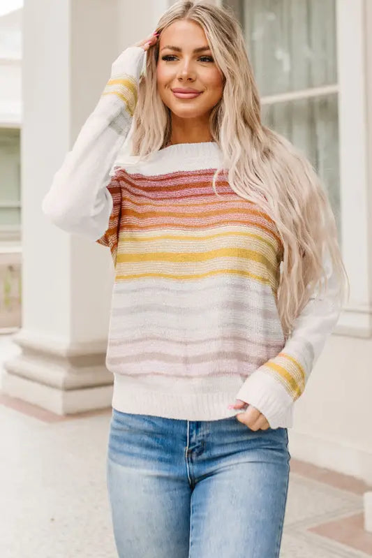 Multicolor stripe long sleeve round neck sweater - s / 100% acrylic - sweaters & cardigans