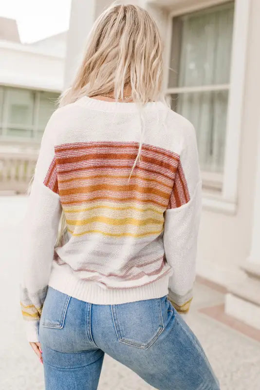 Multicolor stripe long sleeve round neck sweater - sweaters & cardigans