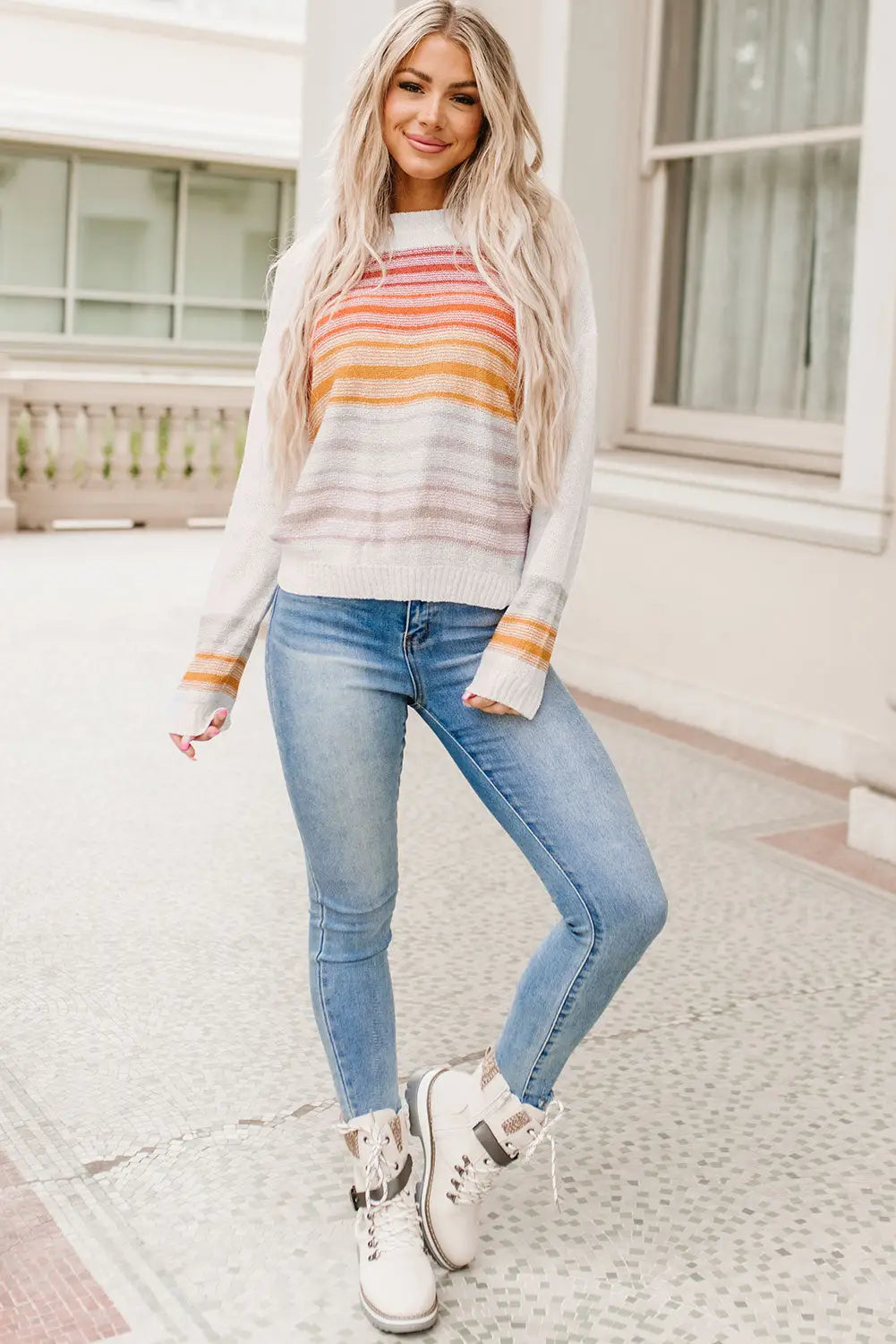 Multicolor stripe long sleeve round neck sweater - sweaters & cardigans