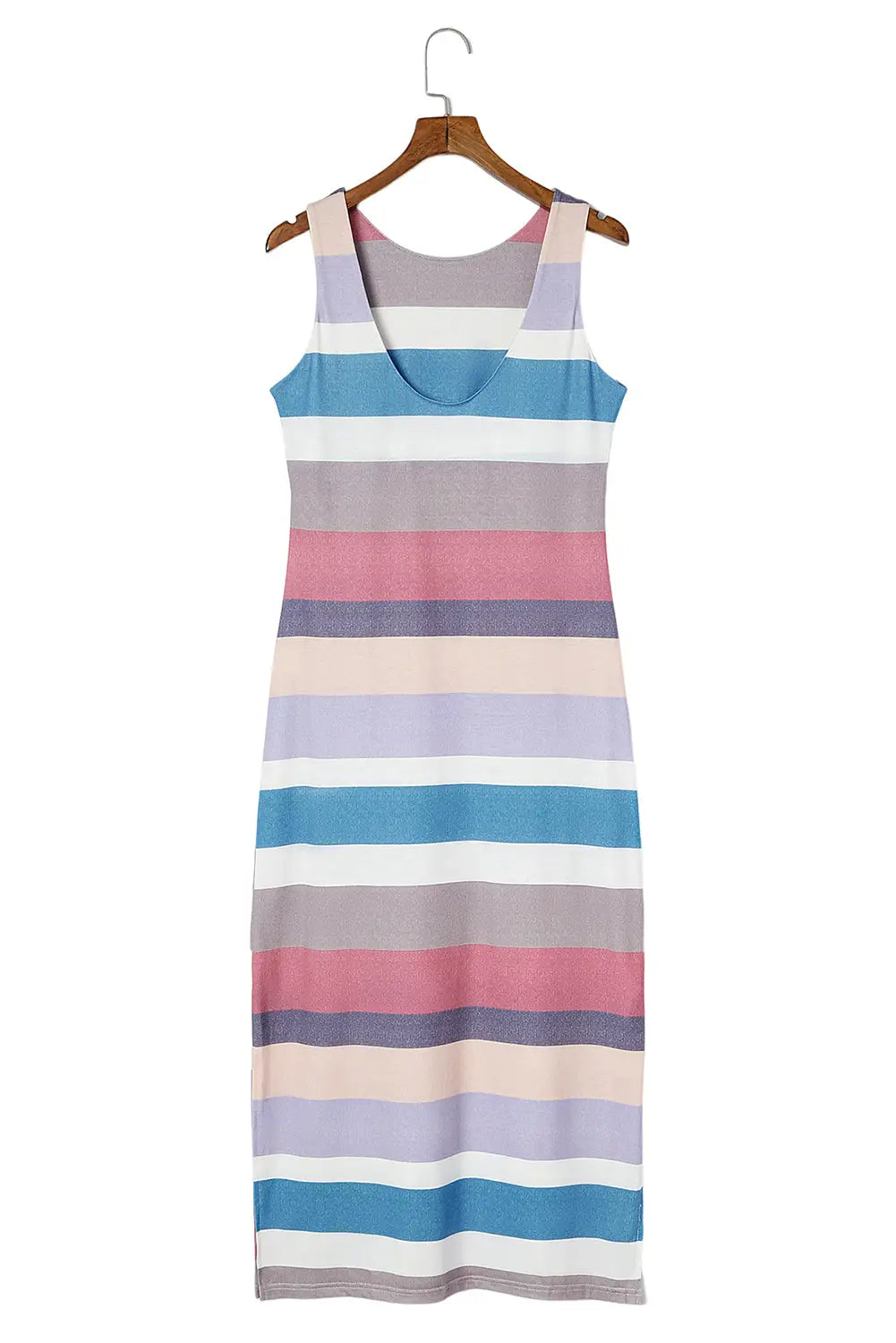 Multicolor stripe print slit maxi tank top dress - t-shirt dresses