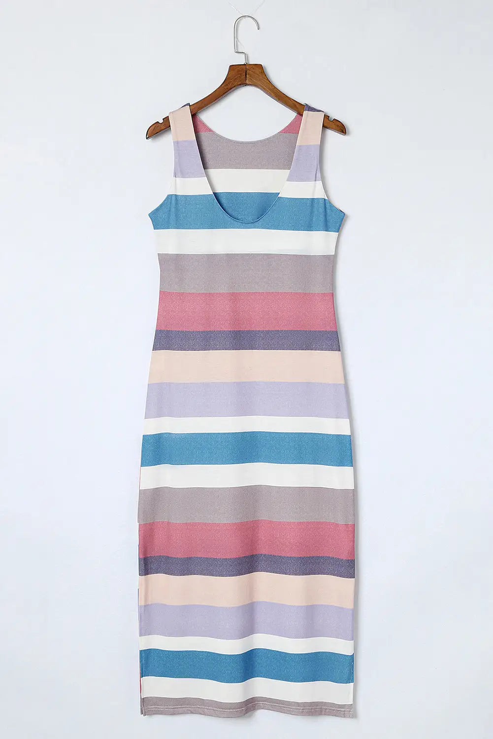 Multicolor stripe print slit maxi tank top dress - t-shirt dresses