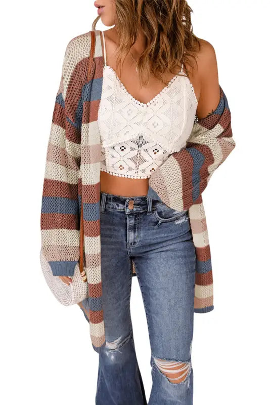 Multicolor striped color block hollowed knit cardigan - sweaters & cardigans