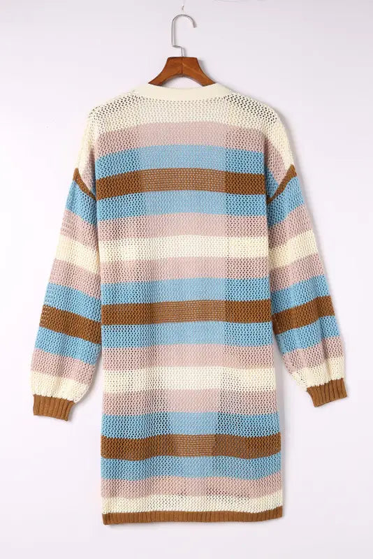 Multicolor striped color block hollowed knit cardigan - sweaters & cardigans