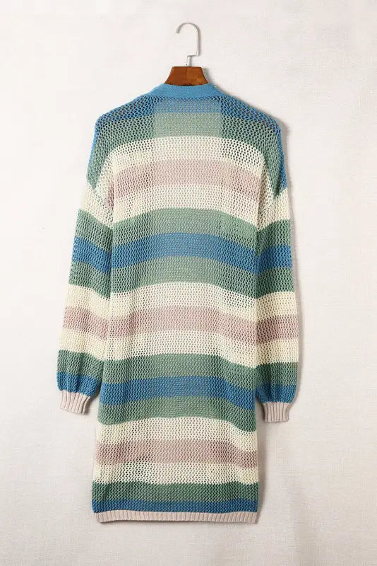 Multicolor striped color block hollowed knit cardigan - sweaters & cardigans