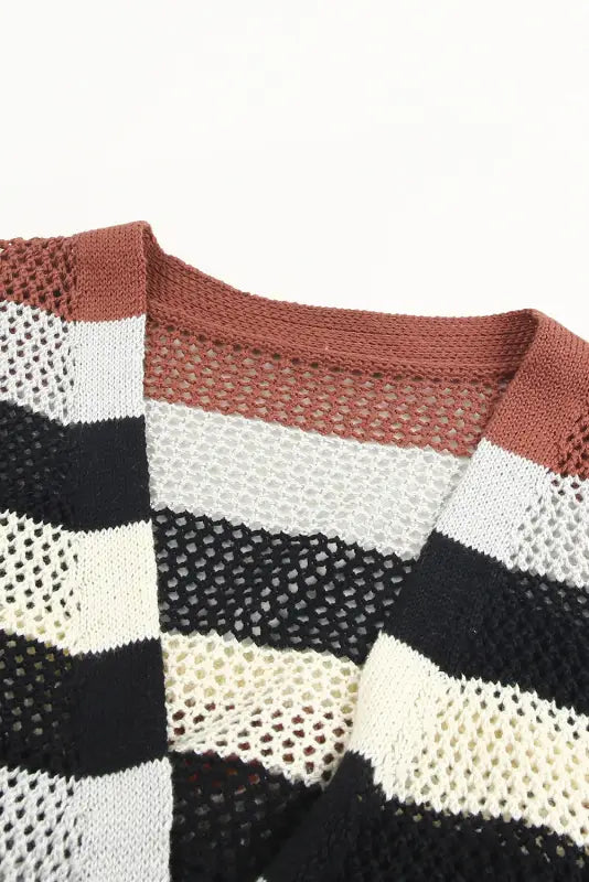 Multicolor striped color block hollowed knit cardigan - sweaters & cardigans