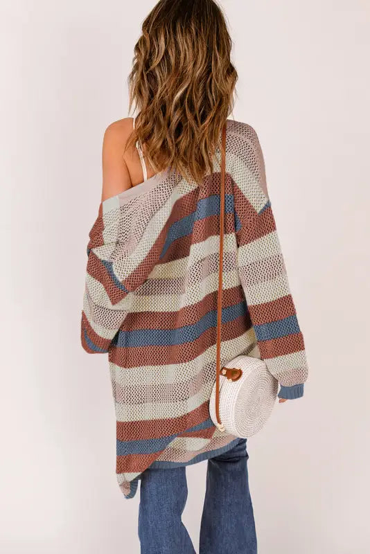 Multicolor striped color block hollowed knit cardigan - sweaters & cardigans