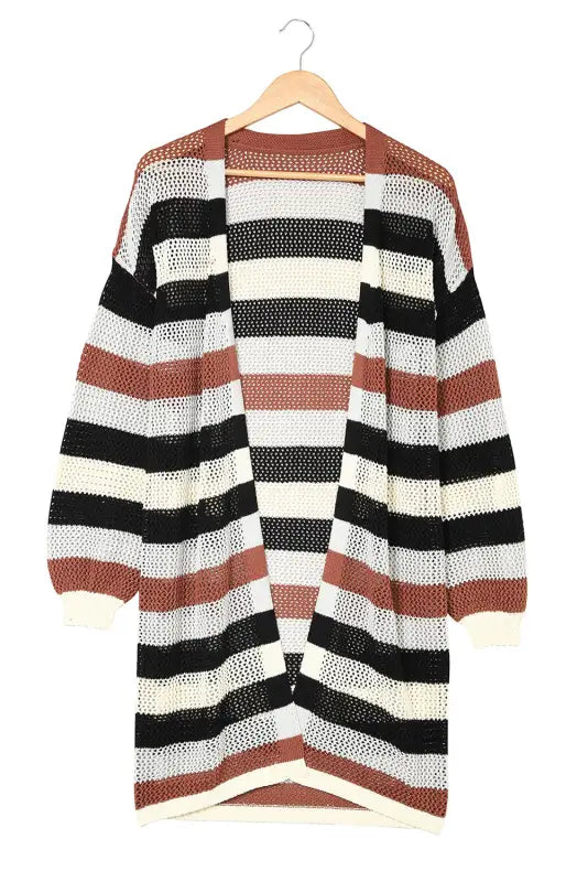 Multicolor striped color block hollowed knit cardigan - sweaters & cardigans