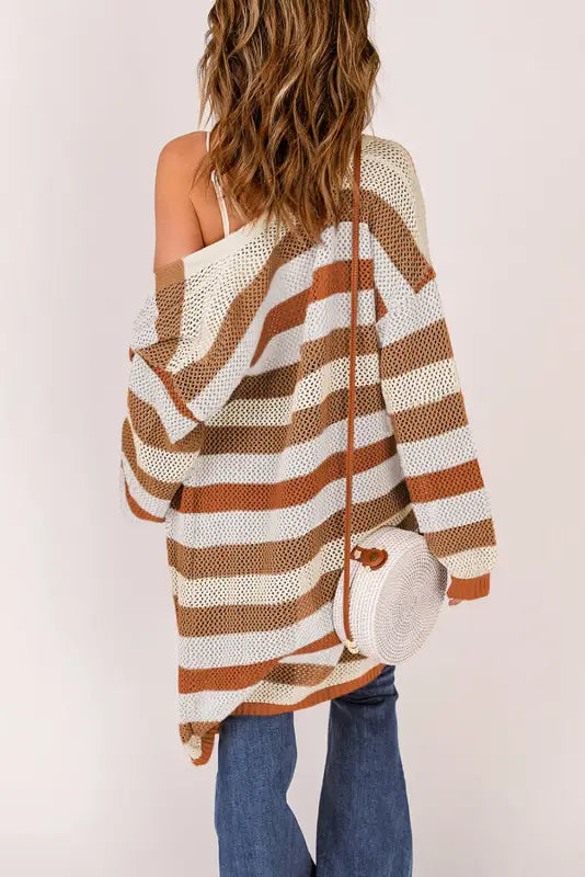 Multicolor striped color block hollowed knit cardigan - sweaters & cardigans