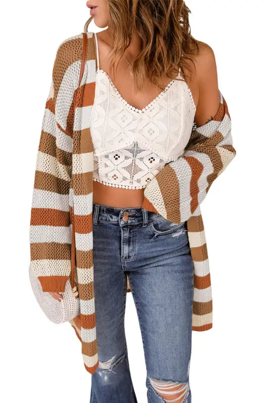 Multicolor striped color block hollowed knit cardigan - sweaters & cardigans